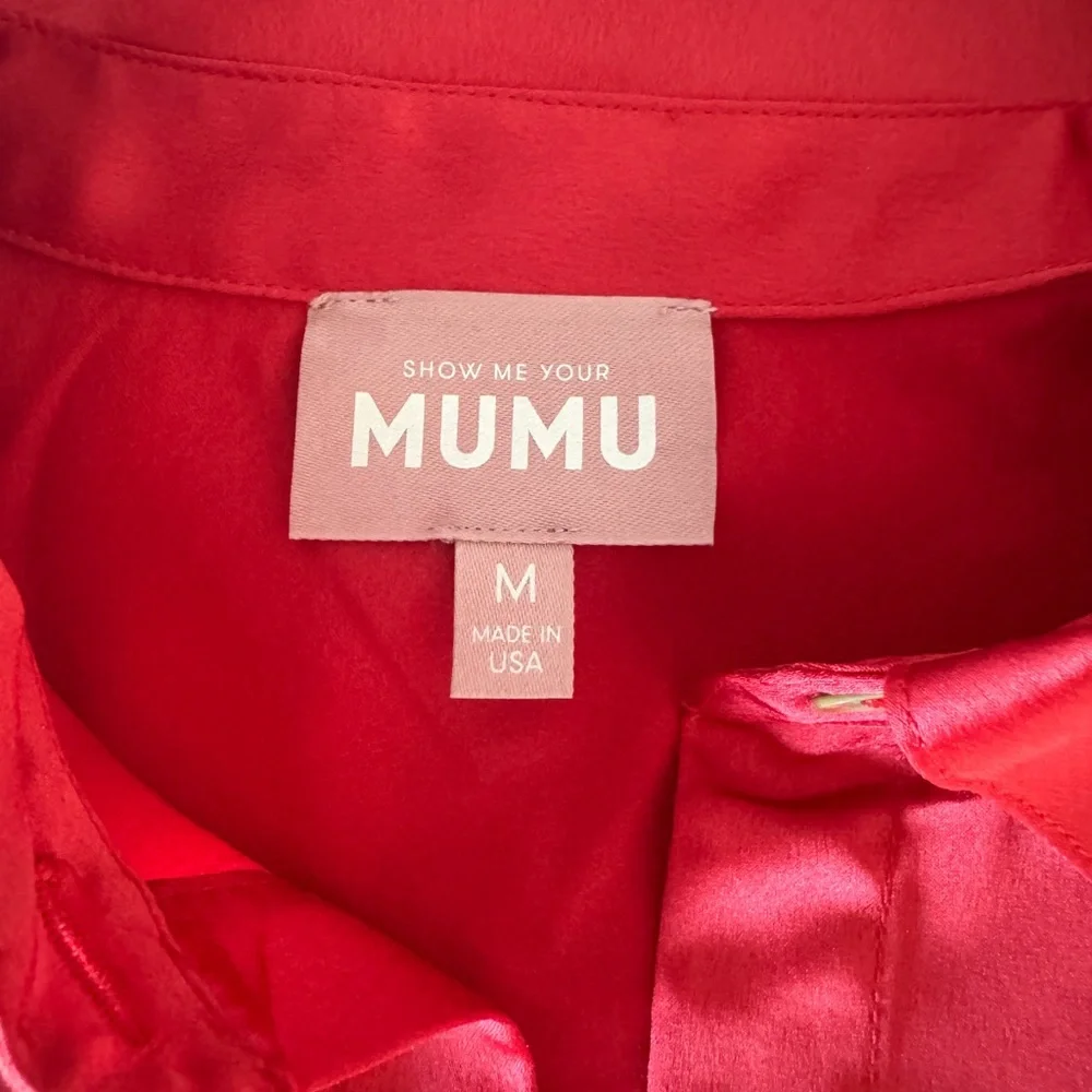 Show Me Your MuMu Shimmering Red Mini Skirt & Oversized Red Satin Button Blouse - Picture 5 of 7